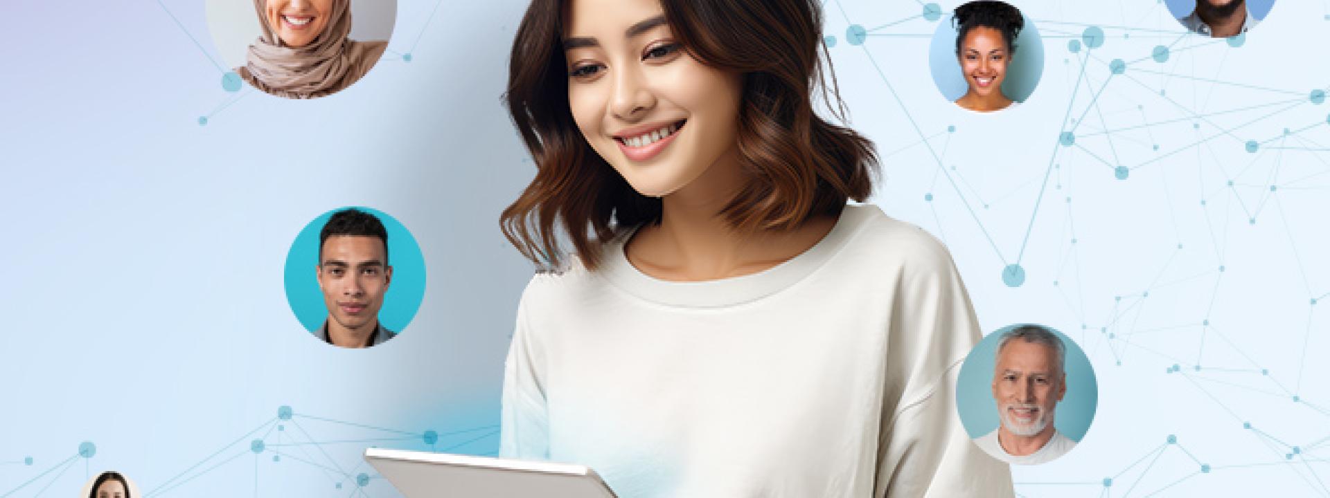 Junge Frau nutzt ein Tablet, umgeben von Gesichtern verschiedener Menschen, verbunden durch ein Netzwerk aus Linien