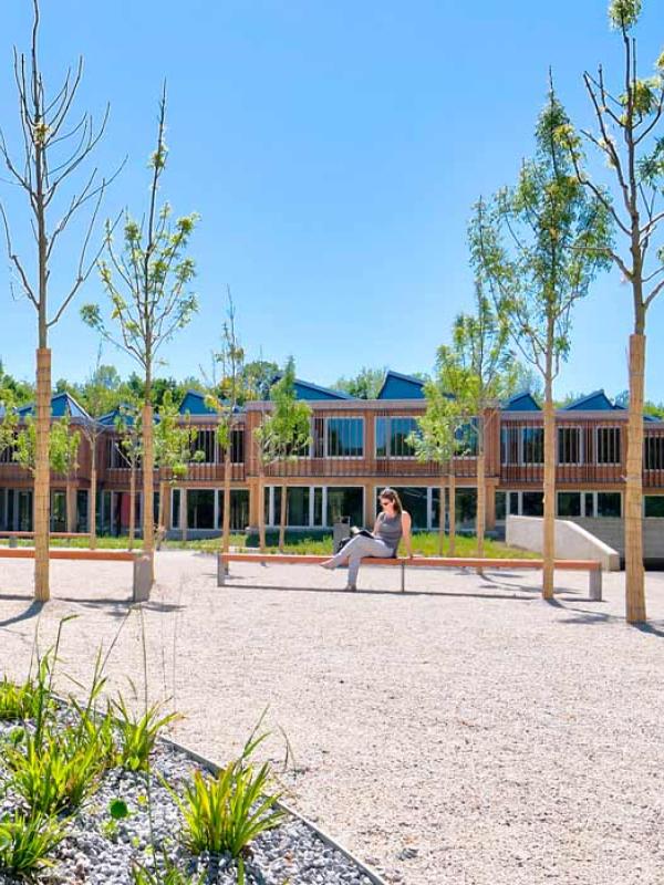 Heller Schotterplatz mit einigen jungen Bäumen und Sitzgelegenheiten. Im Hintergrund ist eine Reihe von modernen Gebäuden mit Holzvertäfelung zu sehen.