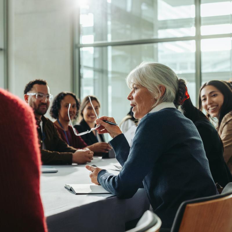 Personengruppe sitzt um einen Konferenztisch bei einer Schulung