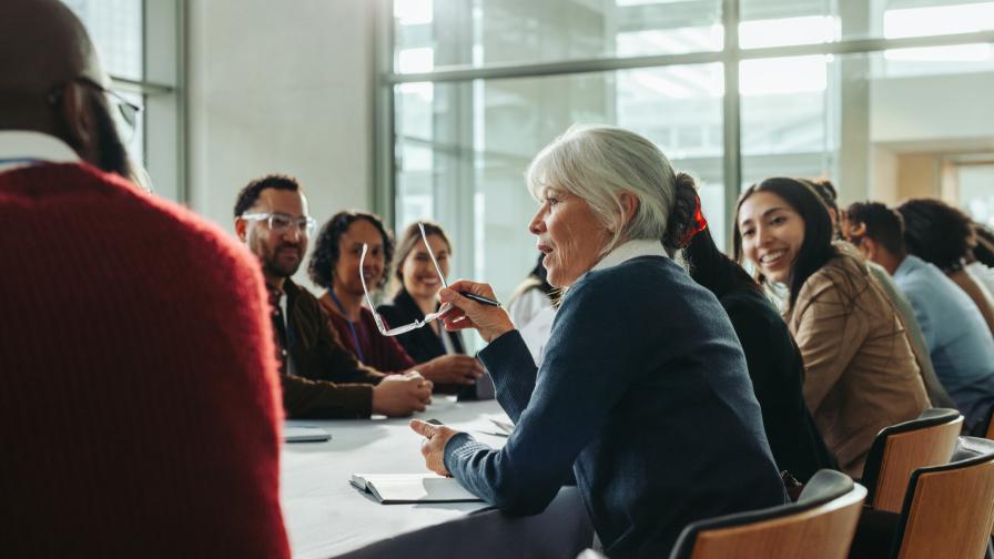 Personengruppe sitzt um einen Konferenztisch bei einer Schulung